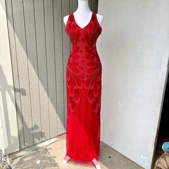 Adrianna Papell Red Beaded Gown Size 0 – Gatsby Art Deco Formal Open Back - Picture 1 of 10